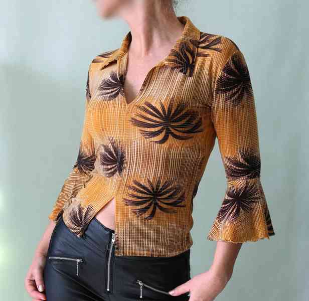 Elastická halenka s palmami a třpytivou nitkou, S - foto 2