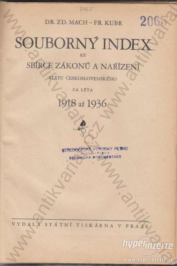 Souborný index ke sbírce zákonů čs 1918 až 1936 - foto 1
