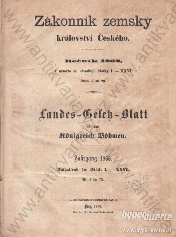 Zákonník zemský království Českého Ročník 1868 - foto 1