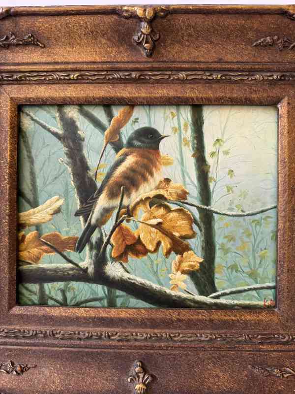 Ptáček podzim - obraz ve zlatém zdobeném rámu - foto 2