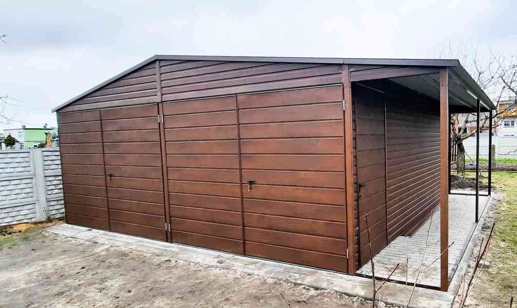 Plechová garáž 6x5,8m + přístřešek - sedlová střecha TS273 - foto 4