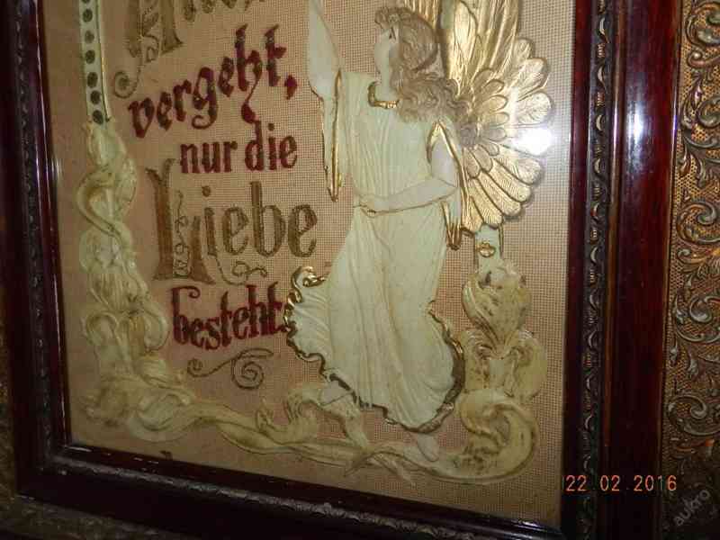 Krásný starožitný vyšívaný obraz Svatý Anděl - foto 3