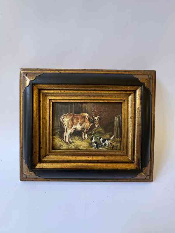 Kráva psi - obraz ve zlatém zdobeném rámu - foto 1