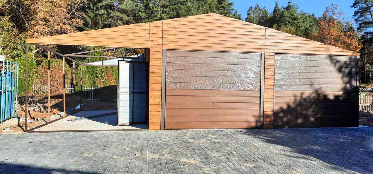 Plechová garáž 6,5x6m + 3m přístřešek sedlová střecha TS262 - foto 3