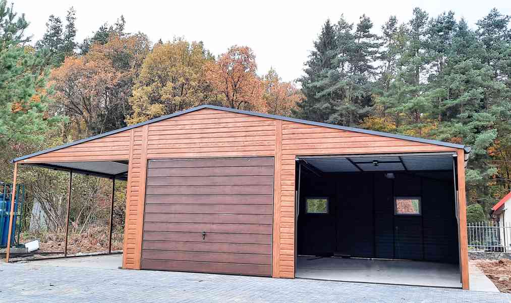 Plechová garáž 6,5x6m + 3m přístřešek sedlová střecha TS262 - foto 2