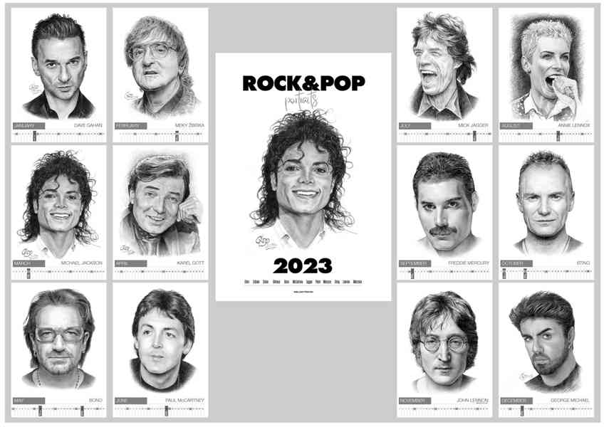Kalendář kreslené portréty Jackson, Bono, Sting, Žbirka....