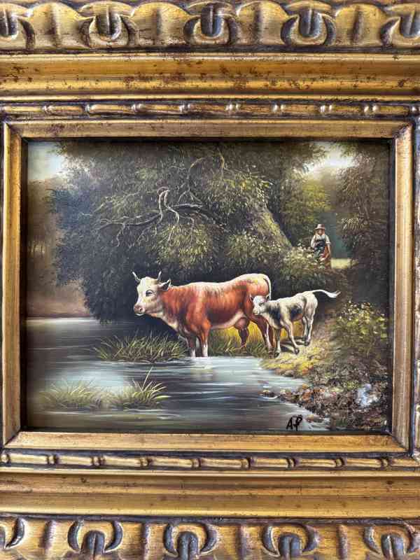 Kráva telátko - obraz ve zlatém zdobeném rámu - foto 2
