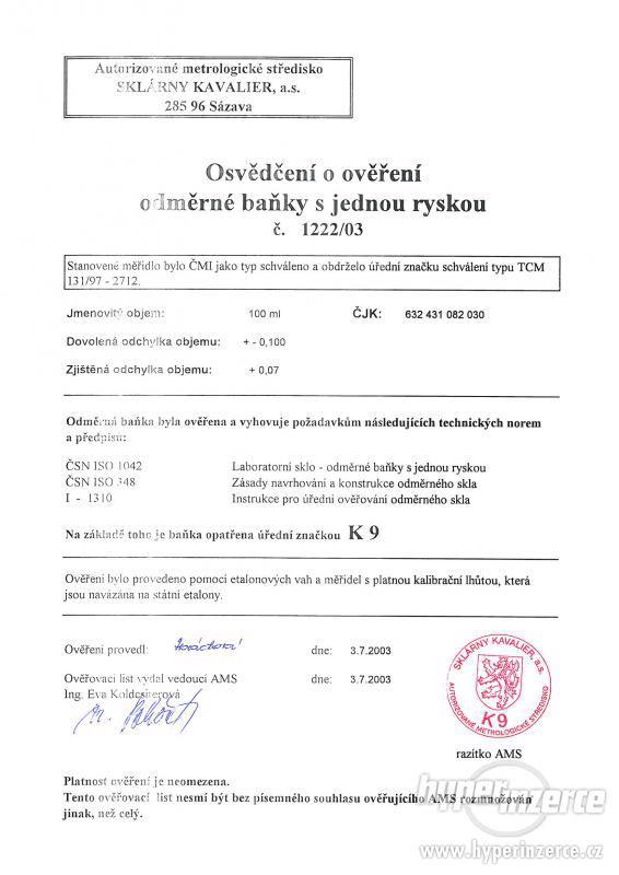 Baňka odměrná  třídy A, cejchovaná K9 + ověřovací list - foto 3