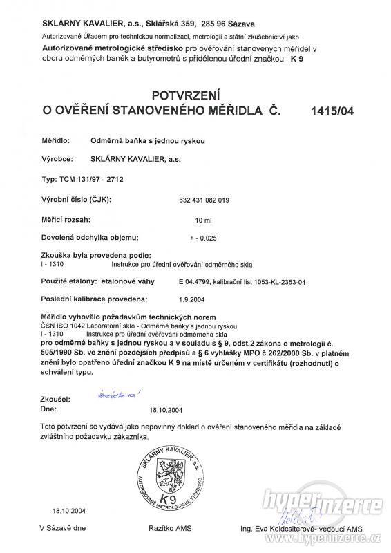 Baňka odměrná  třídy A, cejchovaná K9 + ověřovací list - foto 6