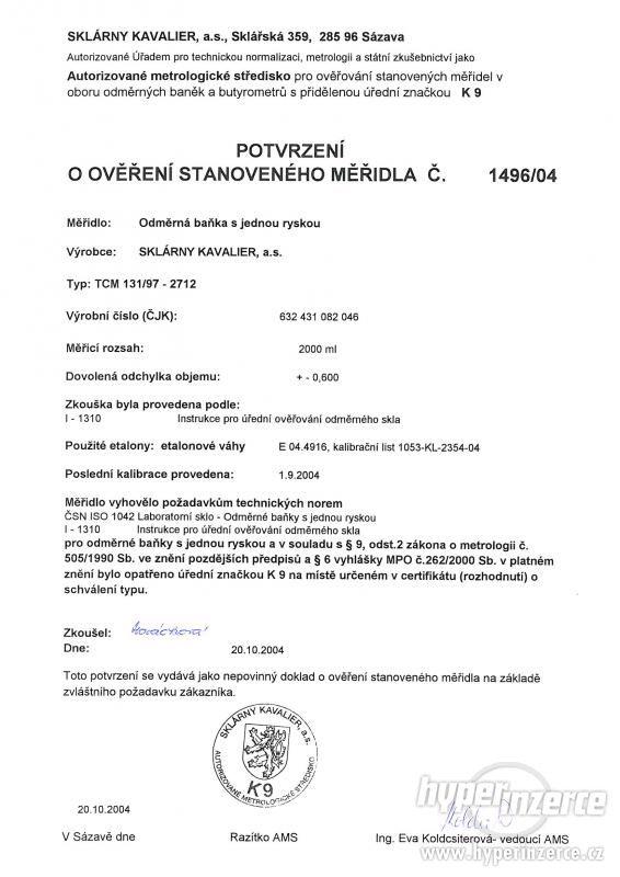 Baňka odměrná  třídy A, cejchovaná K9 + ověřovací list - foto 9