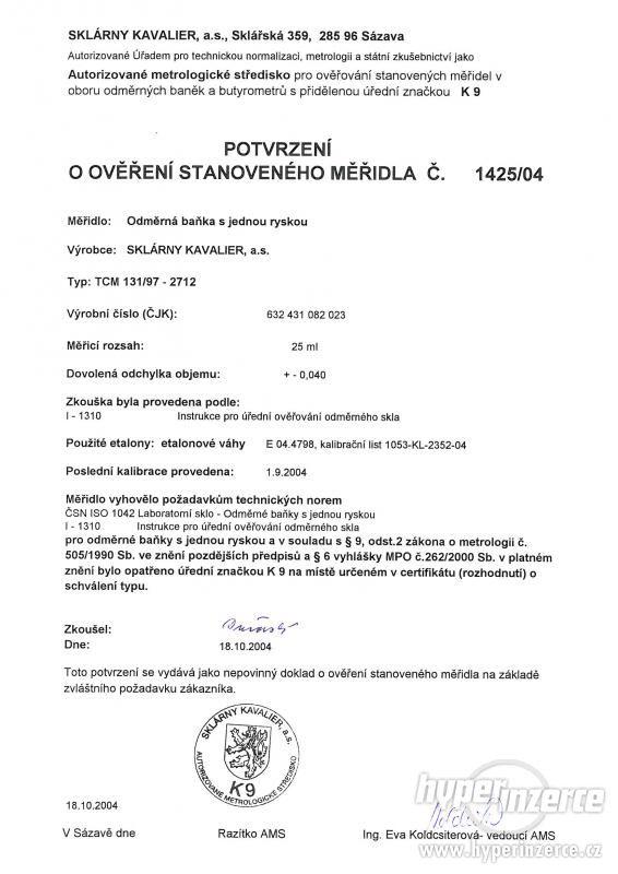 Baňka odměrná  třídy A, cejchovaná K9 + ověřovací list - foto 12