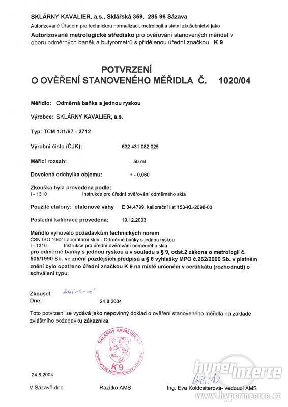 Baňka odměrná  třídy A, cejchovaná K9 + ověřovací list - foto 15