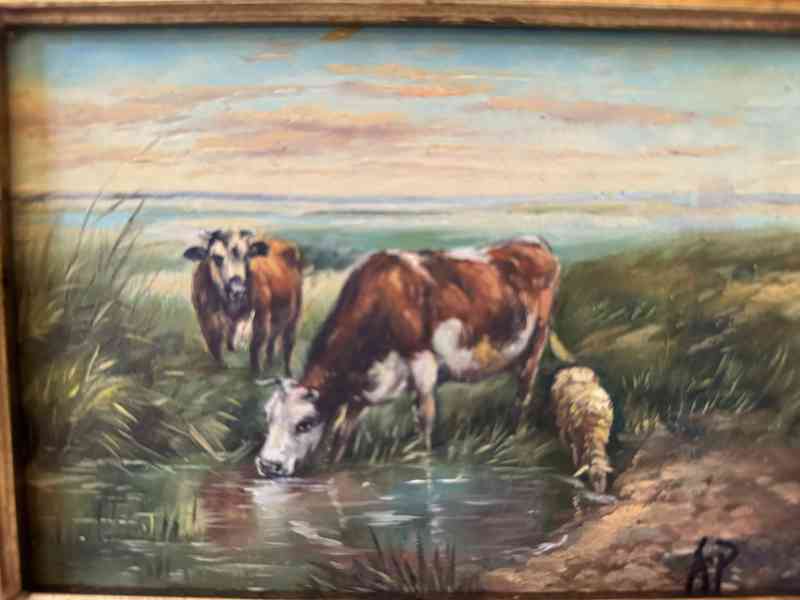 Krávy ovce - obraz ve zlatém zdobeném rámu - foto 2