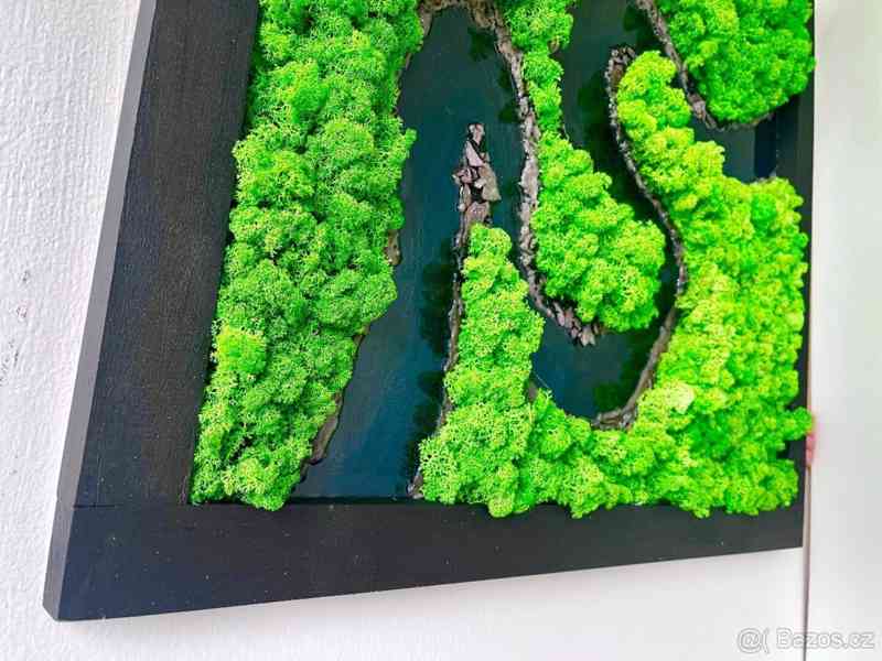 Mechový obraz s pryskyřicí představující řeku,s černým rámem - foto 4