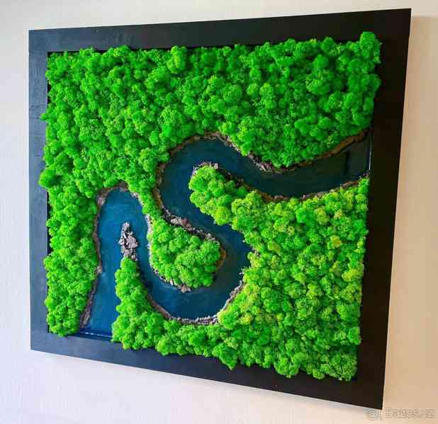 Mechový obraz s pryskyřicí představující řeku,s černým rámem - foto 3