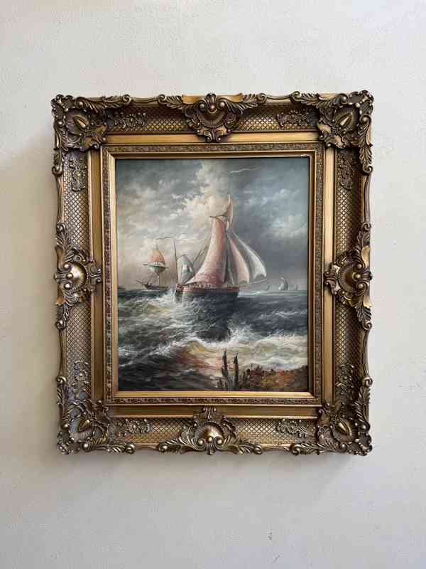 Loď plachetnice moře - obraz ve zlatém zdobeném rámu 