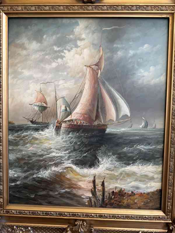 Loď plachetnice moře - obraz ve zlatém zdobeném rámu  - foto 2