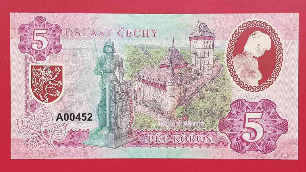 Bankovka 5 korun OBLAST ČECHY hrad KARLŠTEJN, č. A00452, UNC - foto 2
