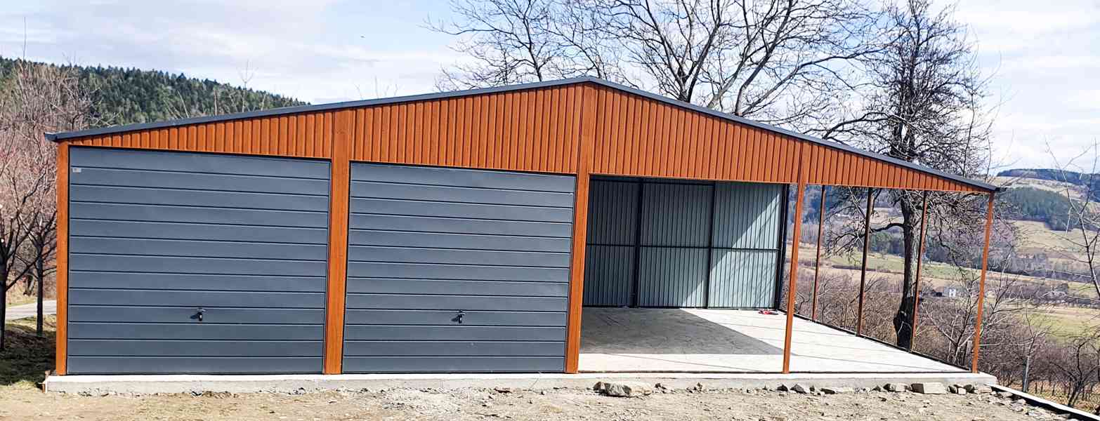 Plechová garáž 6x6m, přístřešek 6x6m sedlová střecha TS266 - foto 2
