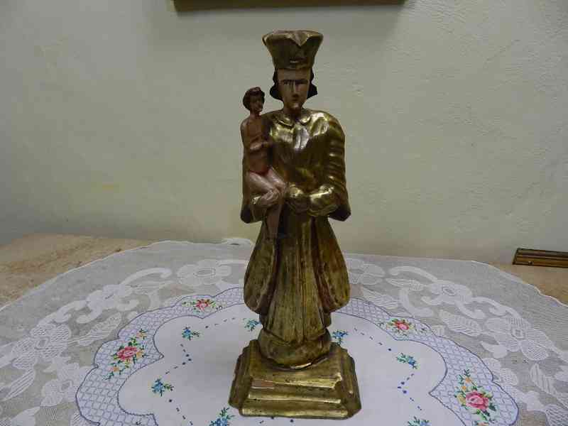 Velmi stará zlacená dřevěná Socha Madona s Ježíškem - foto 1