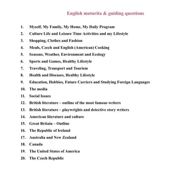 Vypracované maturitní otázky, anglický jazyk
