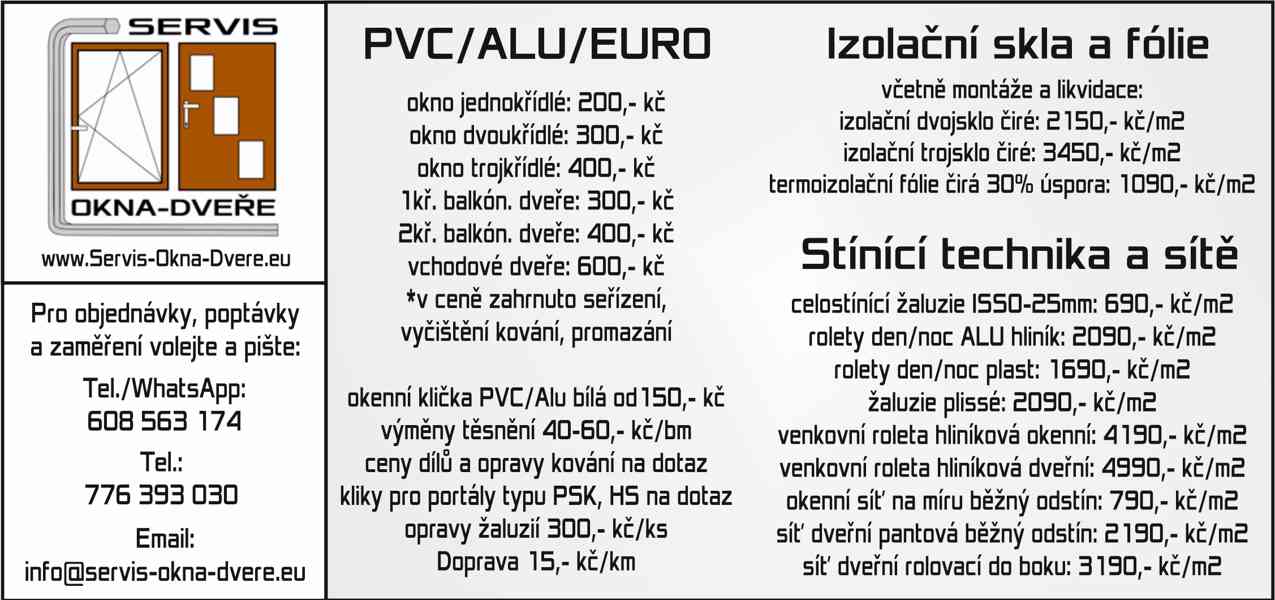 Servis, seřízení a opravy PVC, ALU EURO oken a dveří