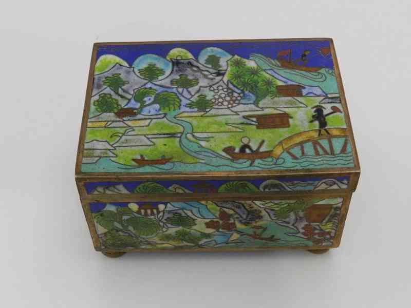 Stará bohatě zdobená modrá Krabička Dóza Cloisonne Smalt - foto 2