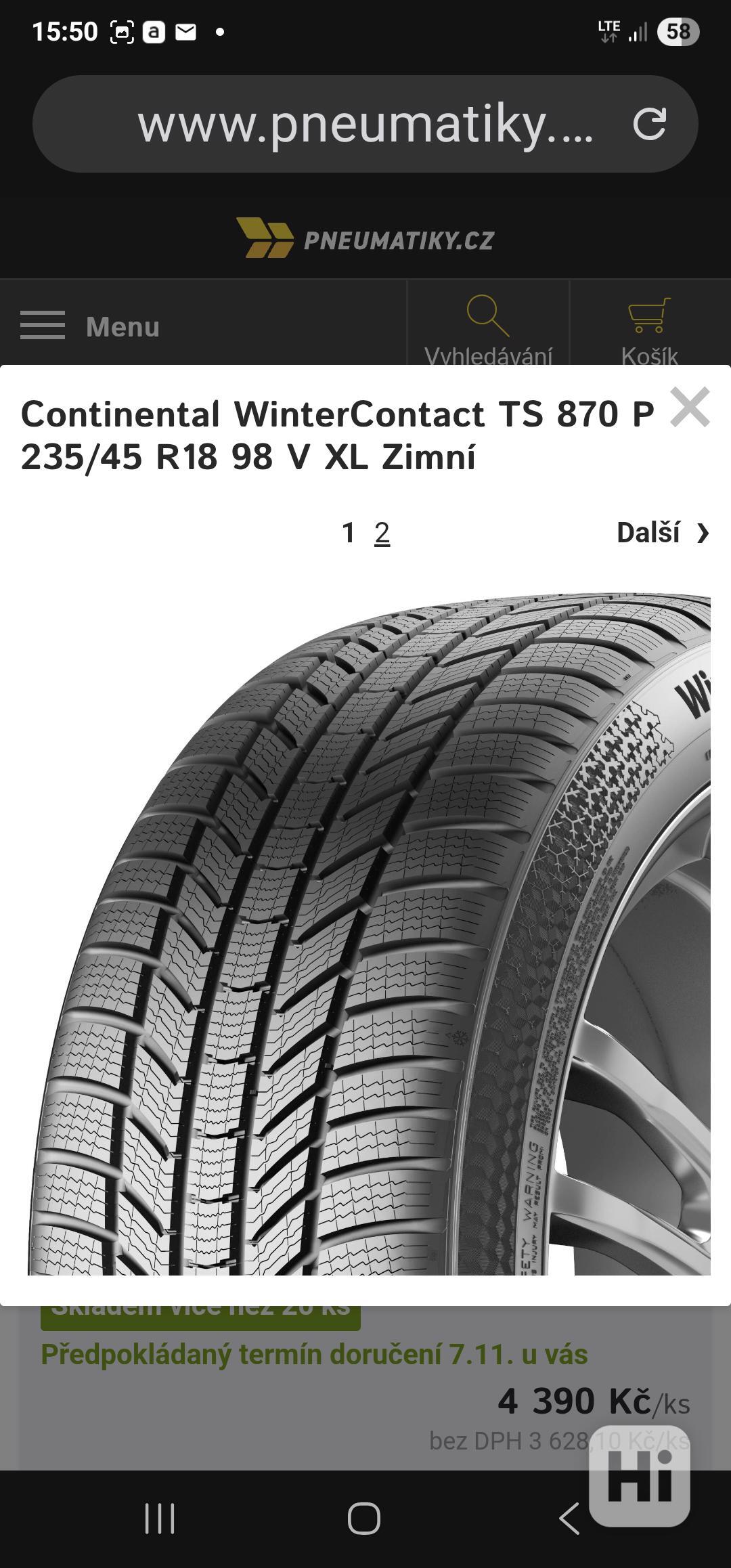 Prodám 1ks zimní pneu Continental Winter Contact 235-45/18 - foto 1