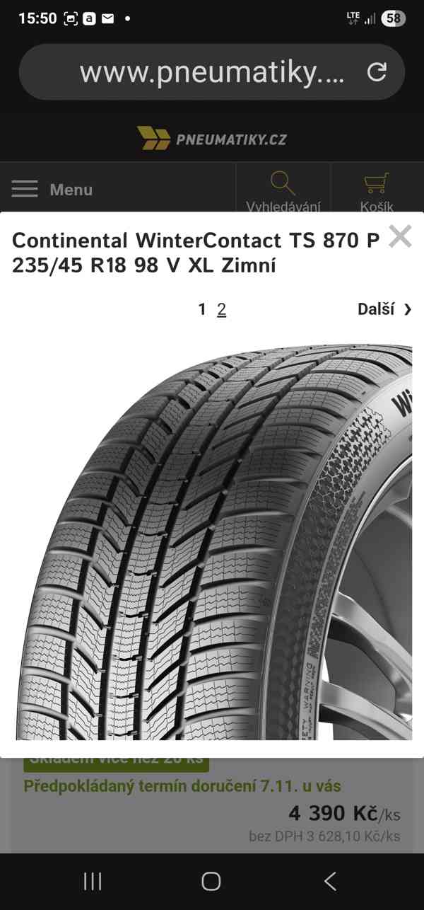 Prodám 1ks zimní pneu Continental Winter Contact 235-45/18 - foto 1