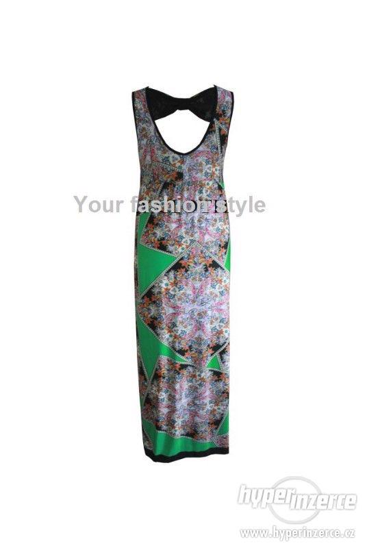 XXL nové farebné a vzorované maxi šaty s krajkovou mašľou - foto 2