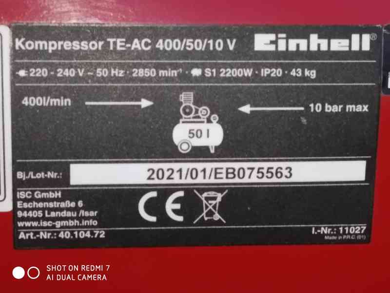 Prodám 2-pístový kompresor Einhell TE-AC 400/50/10 - 10 Barů - foto 6
