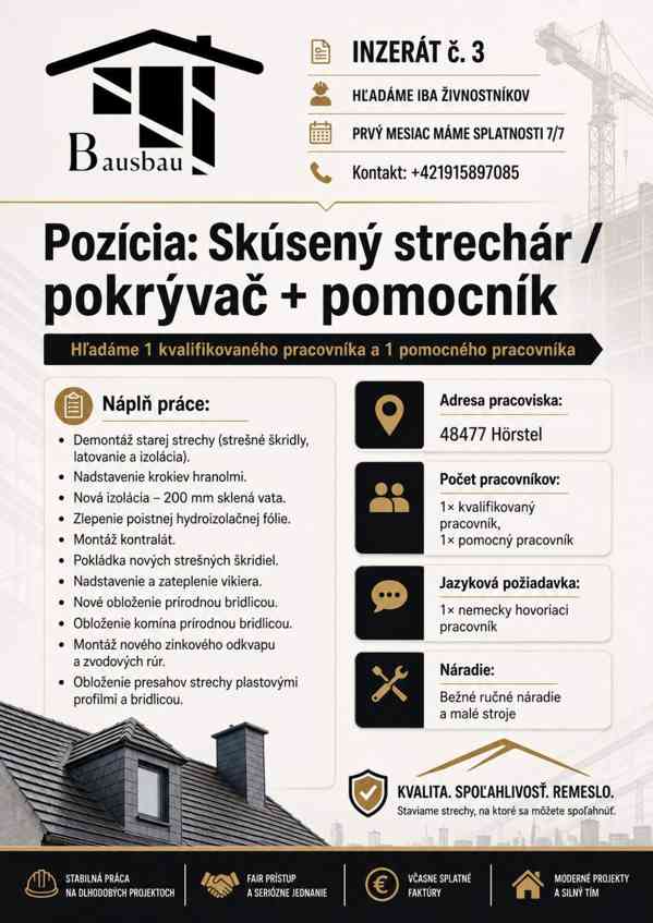 Hľadame : Skúsený strechár / pokrývač + pomocník – Nemecko