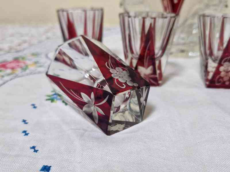 Broušená Art Deco souprava Karafa a 6 panáků Top Stav - foto 3