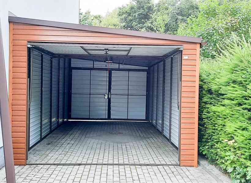 Plechová garáž 3,5x6m, bočni spád - 2x výklopná vrata TS287 - foto 2