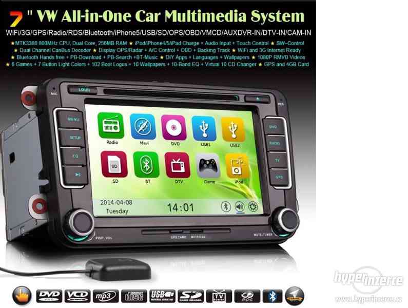 VW SKODA SEAT Dotykove Autoradio + Navi 7disp GPS DVD BT USB - foto 1