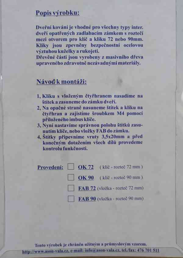 Klika dveřní Šárka 3 kusy, rozteč 90 + zámek - foto 2