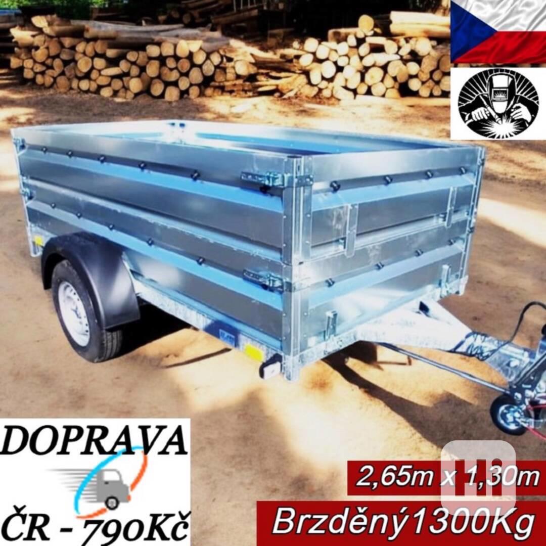 Nový brzděný přívěsný vozík 1300Kg, 2,65mx1,30,+bočnice, DPH - foto 1