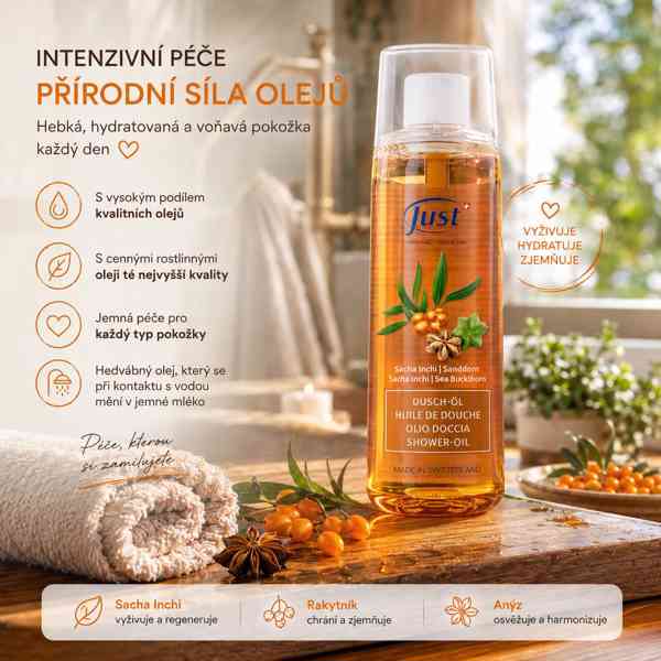 Just Sprchový olej Sacha inchi rakytník 200 ml - foto 3