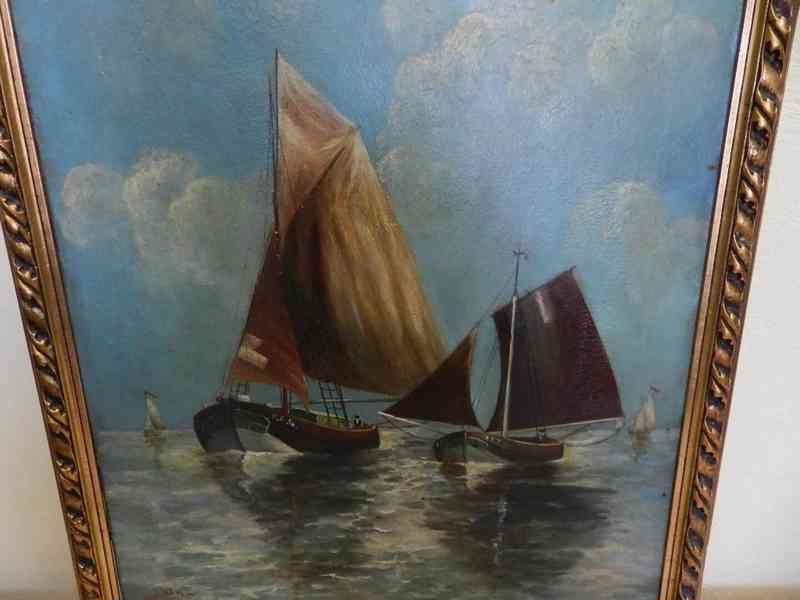 Zajímavý starý Obraz Lodě Rybáři Olej Signováno - foto 2