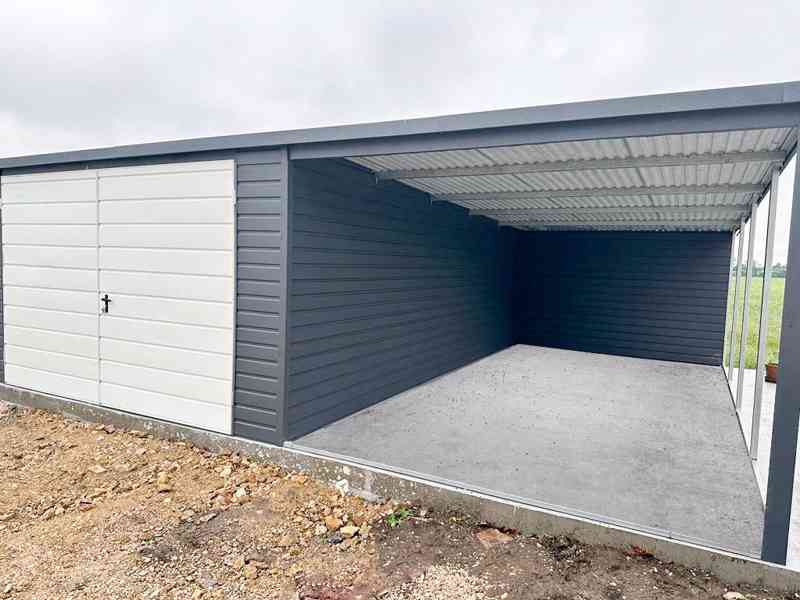 Plechová garáž 4x6m, přístřešek 3x6m - spád dozadu TS313 - foto 4