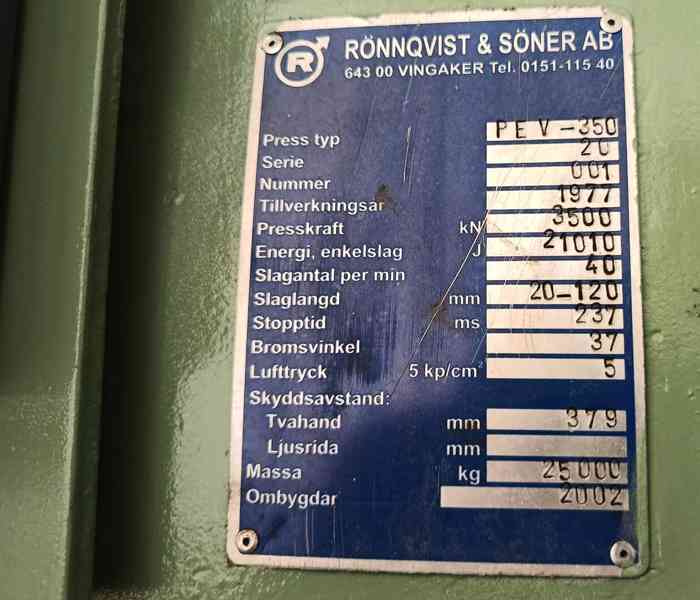 Švédský excentrický lis RONNQVIST PEV-350 - foto 2