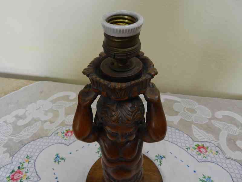 Krásná velmi stará vyřezávaná soška Lampa Svícen Putti - foto 2