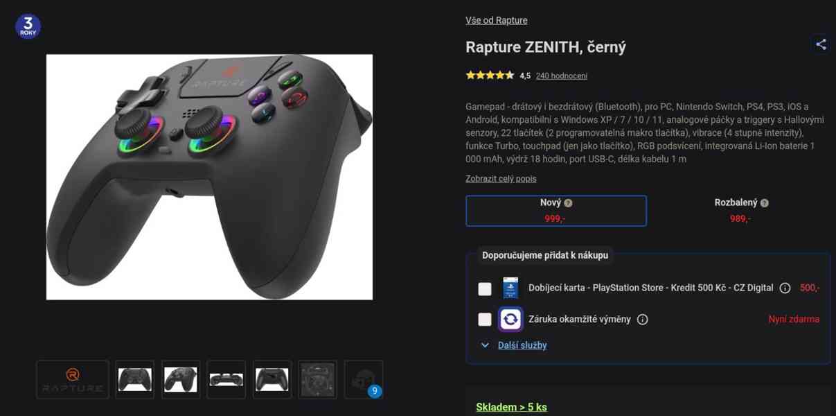 Rapture ZENITH gamepad – NOVÝ, nerozbalený, záruka - foto 4