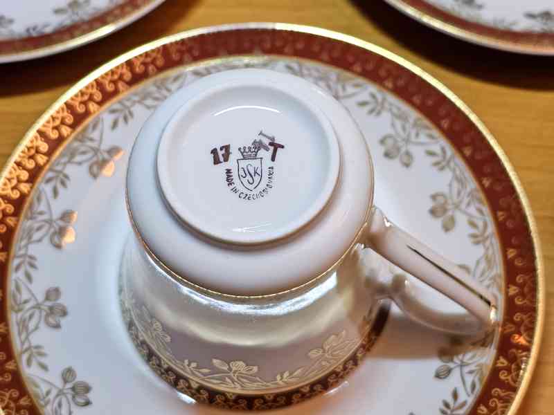 Retro porcelánová kávová souprava JSK – 6 ks, zlatý dekor - foto 5