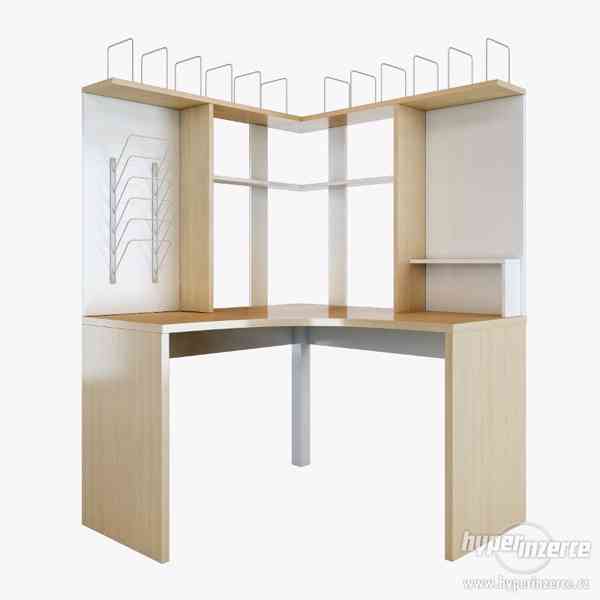 Rohový stůl a stěna se skříněmi a úložným prostorem. - foto 1