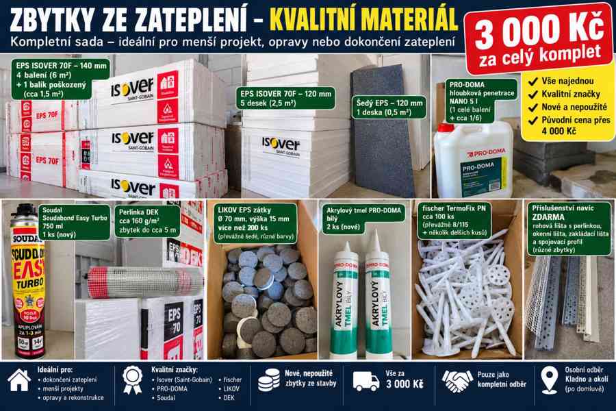 Zbytky ze zateplení – EPS, lepidlo, hmoždinky
