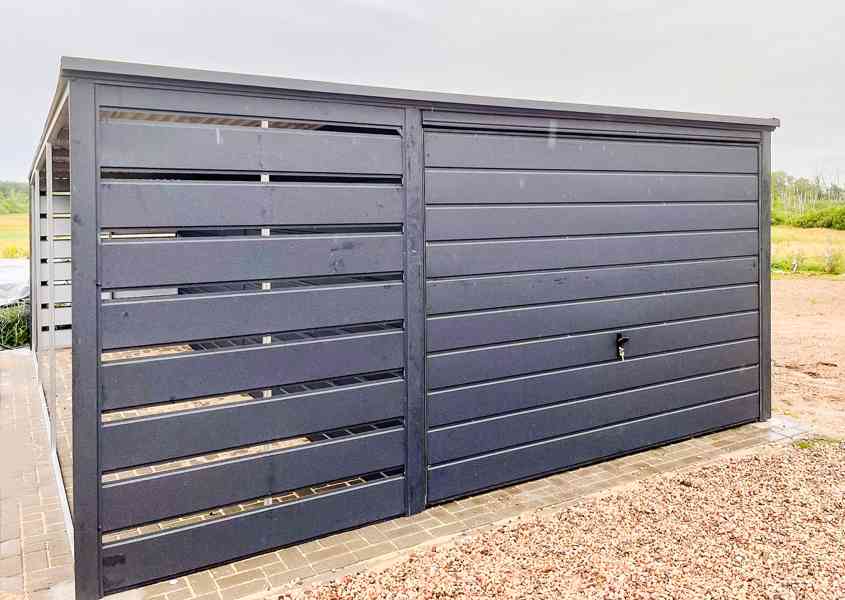 Plechova garáž 3x6m + přístřešek 1,2m - výklopná vrata TS762 - foto 3