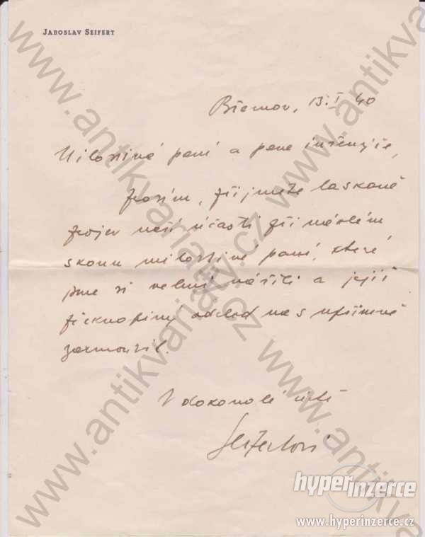Vlastnoruční dopis od básníka J.Seiferta 13.1.1940 - foto 1