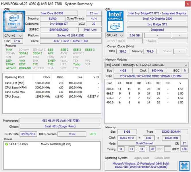 MSI H61M-P31+Intel i5-3330 3.2Ghz+8GB DDR3 1600Mhz+Win10 Pro - foto 9