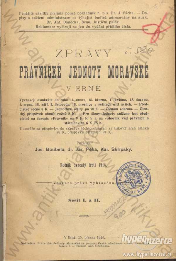 Zprávy Právnické jednoty moravské v Brně  1914 - foto 1